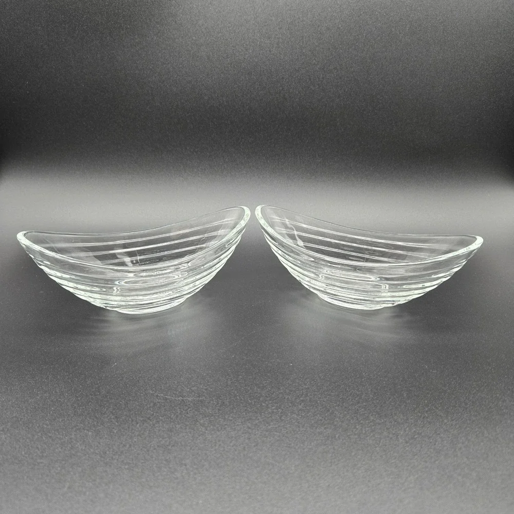 Glass Boat Bowls Clear Ribbed Textured‎ Mid Century Modern MCM Retro Minimalist